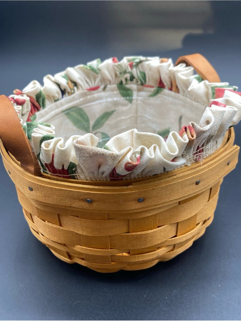 Longaberger Basket with Floral Liner, protector and Leather Handles.